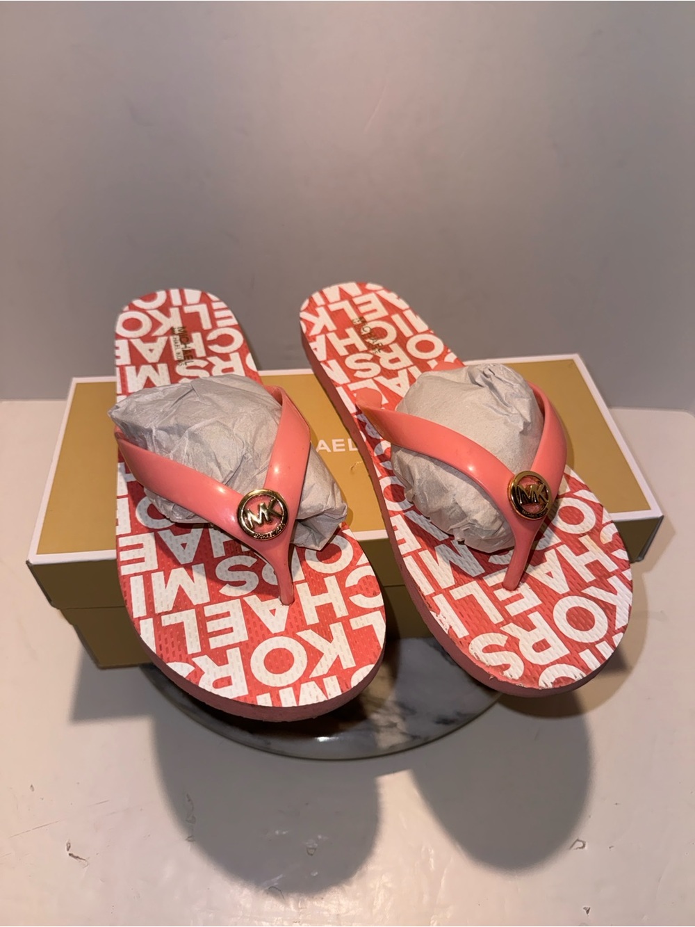 Michael Kors Logo Wedge Flip Flop Size 10m Coral Color With Box Wore Once !